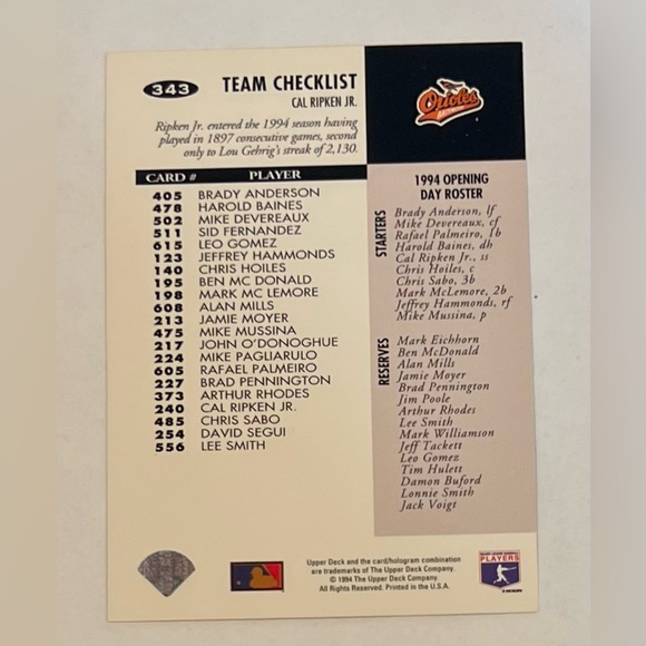 Collector’s Choice 1994 Upper Deck Company . Team Ckecklist Cal Ripken JR # 343 - Picture 2 of 8